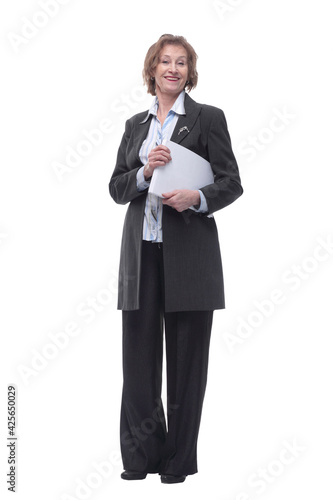 Beautiful middle aged businesswoman dressed in black jacket holding document