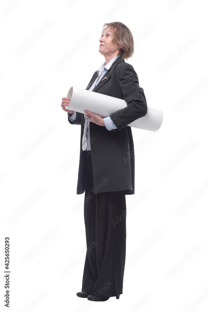 Side view of mature woman architect holding rolled up blueprints Side view of mature woman architect holding rolled up blueprints