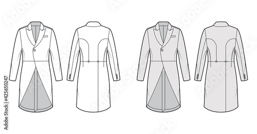 Morning coat jacket technical fashion illustration with long sleeves, peaked lapel collar, cutaway front, welt pocket. Flat template, back, white, grey color style. Women, men, unisex top CAD mockup