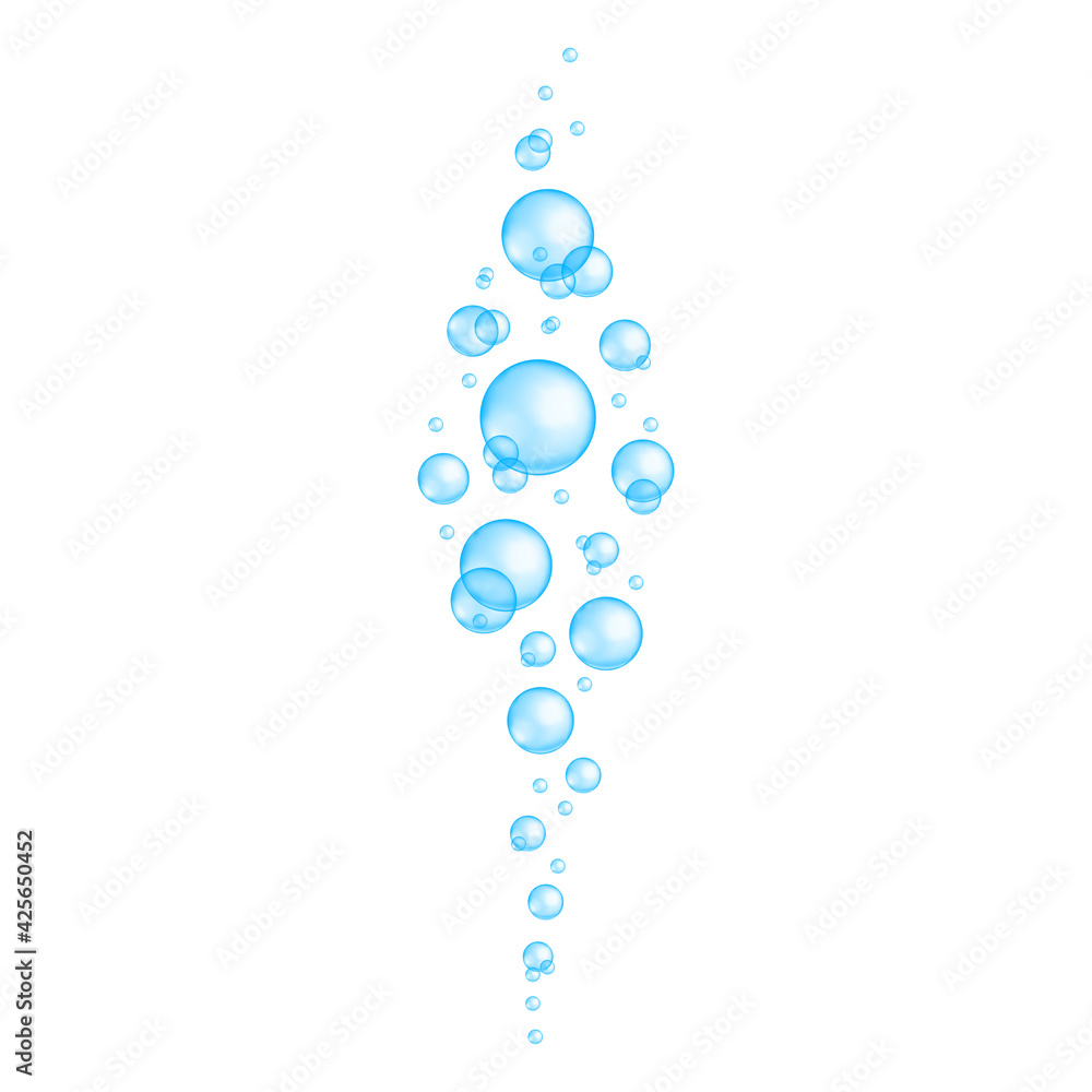 Blue underwater bubbles. Aquarium or sea water stream, bath sud, soap or cleanser foam, fizzy drink effect. Vector realistic illustration.