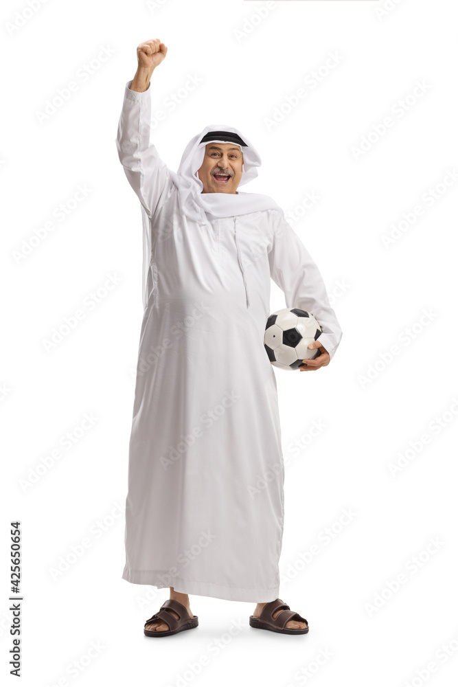 Full length portrait of a mature arab man with a soccer ball cheering Full length portrait of a mature arab man with a soccer ball cheering
