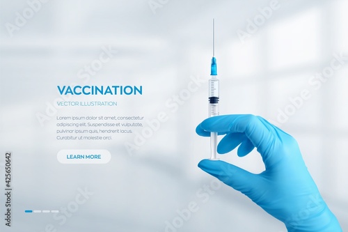 Hand in medical blue glove holding syringe with vaccine. Vaccination or medicare concept. Injection syringe with sharp needle in hand. COVID-19 coronavirus vaccine. Vector realistic illustration.