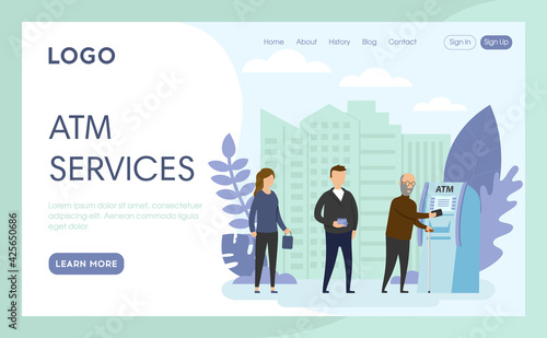 Vector Illustration In Cartoon Flat Style. Landing Page Interface Layout Composition With Characters And Elements. ATM Services Concept Art. Group Of People Standing In Queue, Cityscape Background