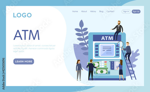 Internet Landing Page With Writings And Objects. Vector Illustration, Flat Cartoon Style. ATM Idea. Group Of People Standing Near Machine. Man Getting Money Banknotes. Blue Background, Design Elements