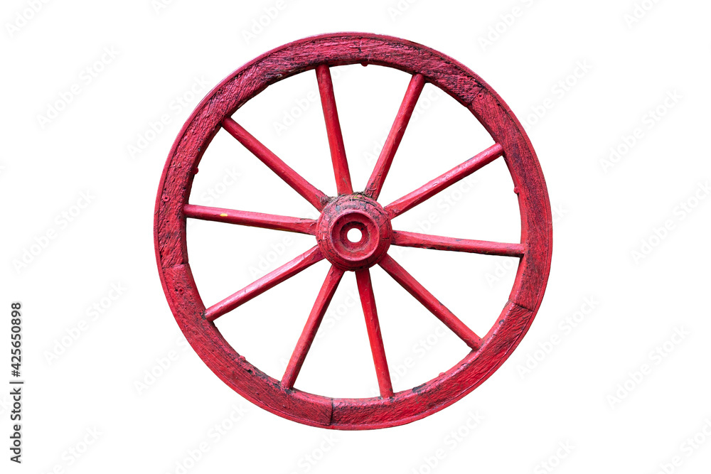 Rotes Wagenrad über weißem Hintergrund (freigestellt)