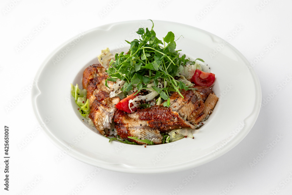 Salad of smoked eel, unagi sauce and greens with vegetables. Banquet festive dishes. Gourmet restaurant menu. White background. Salad of smoked eel, unagi sauce and greens with vegetables. Banquet festive dishes. Gourmet restaurant menu. White background.