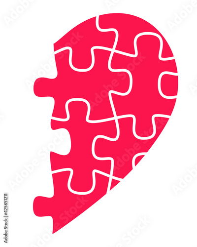Half heart from puzzles - vector full color illustration. Red, half heart from puzzles. The symbol of unrequited love. Unrequited feelings, search for a partner