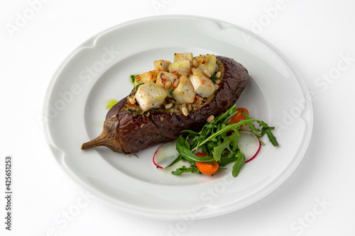 Eggplant baked with tomatoes, zucchini, parmesan. Banquet festive dishes. Gourmet restaurant menu. White background.