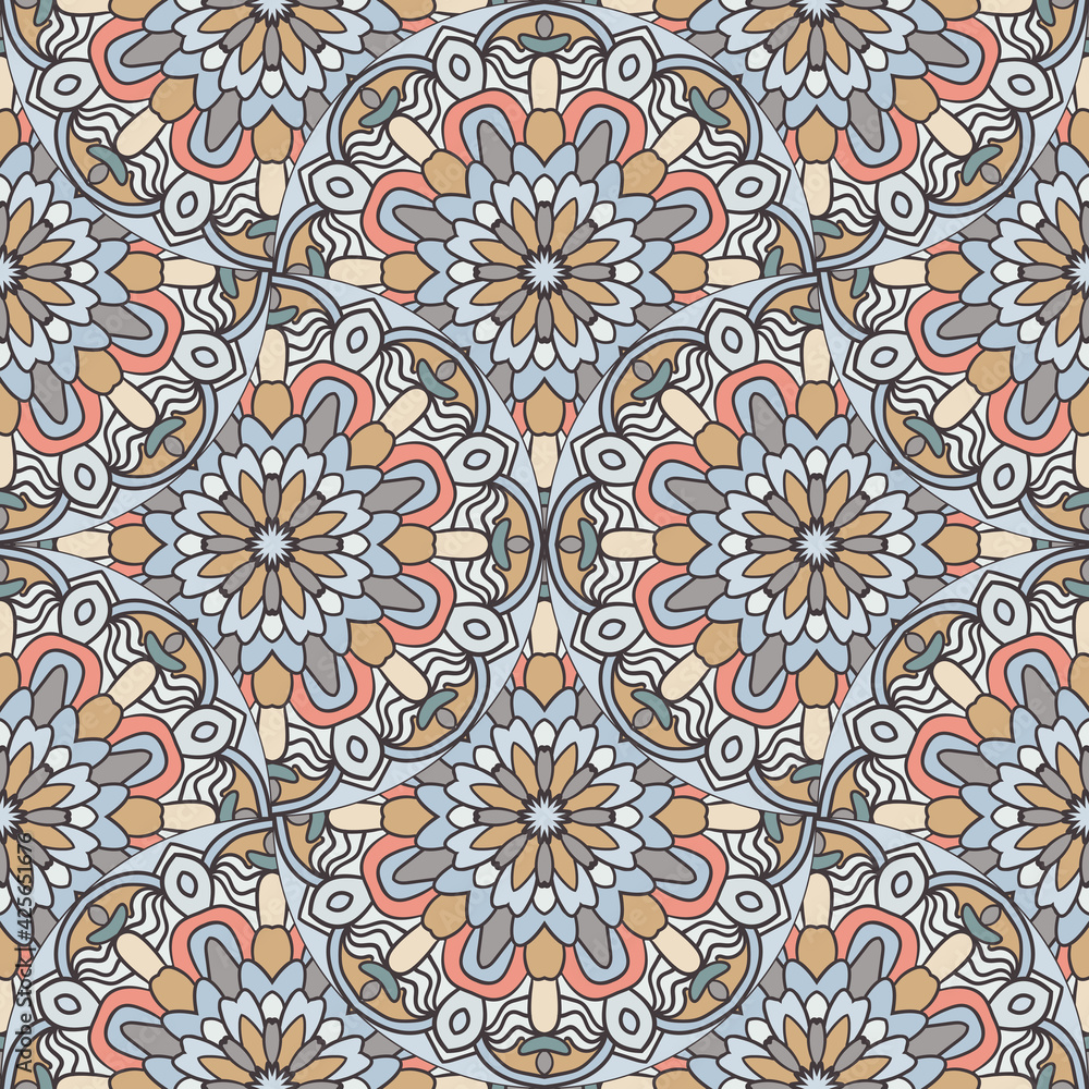 Abstract mandala fish scale seamless pattern. Ornamental tile, mosaic background. Floral patchwork infinity card. Arabic, Indian, ottoman motifs.