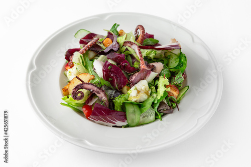 Salad with octopus, vegetables and herbs. Banquet festive dishes. Gourmet restaurant menu. White background.