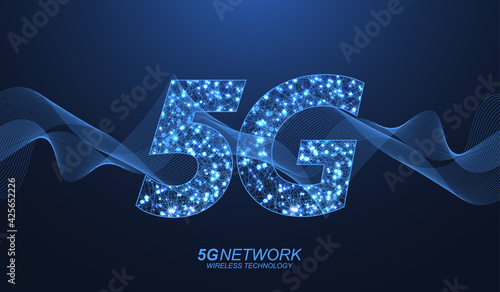 5G network wireless technology concept. 5G web banner icon for business and technology, signal, speed, network, big data, technology, IoT and traffic icons. 5G symbol wave flow vector