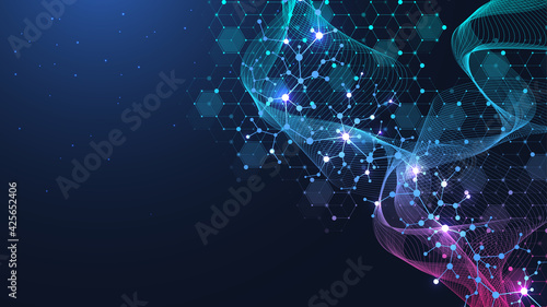 Scientific molecule background for medicine, science, technology, chemistry. Wallpaper or banner with a DNA molecules, DNA digital, sequence, code structure. Vector illustration.