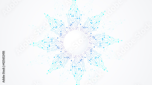 Modern technology circuit board texture background design. Quantum computer technologies concepts, large data processing. Futuristic blue circuit board background. Minimal vector motherboard