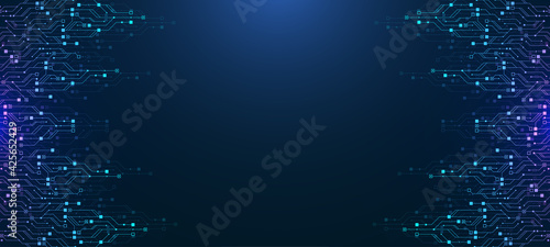 Modern technology circuit board texture background design. Quantum computer technologies concepts, large data processing. Futuristic blue circuit board background. Minimal vector motherboard photo
