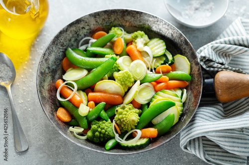 Vegan vegetables on pan on table