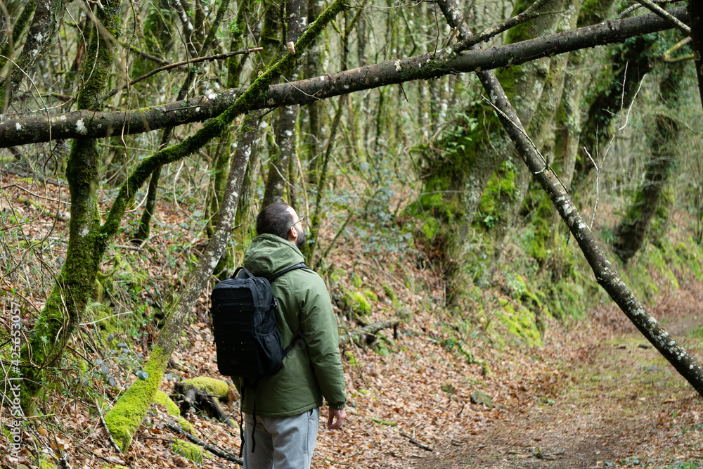 Happy man walking on a path with a backpack. Lifestyle concept, hike, outdoors.