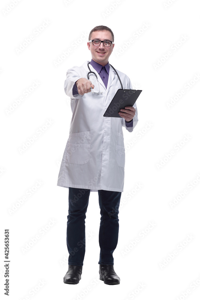 Happy smiling doctor writing on clipboard Happy smiling doctor writing on clipboard