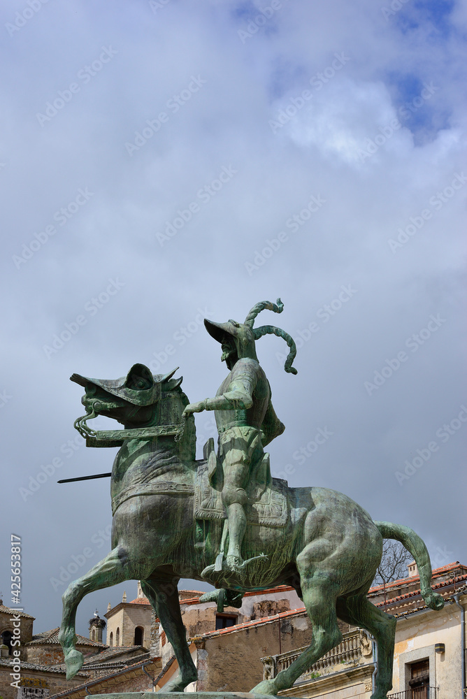 April 2, 2021 in Trujillo, Spain. Statue of Francisco Pizarro on horseback in the main square of Trujillo