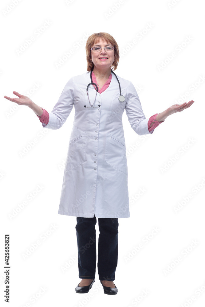Cheerful doctor woman making a welcome gesture raising arms over head Cheerful doctor woman making a welcome gesture raising arms over head
