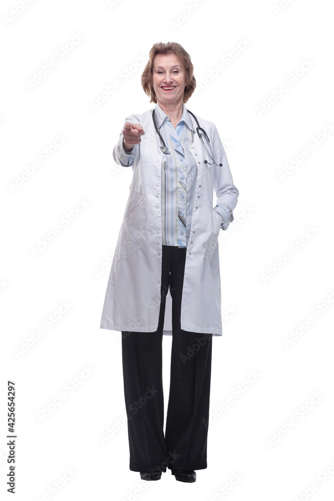 Matire female doctor pointing at camera isolated on a white background Matire female doctor pointing at camera isolated on a white background