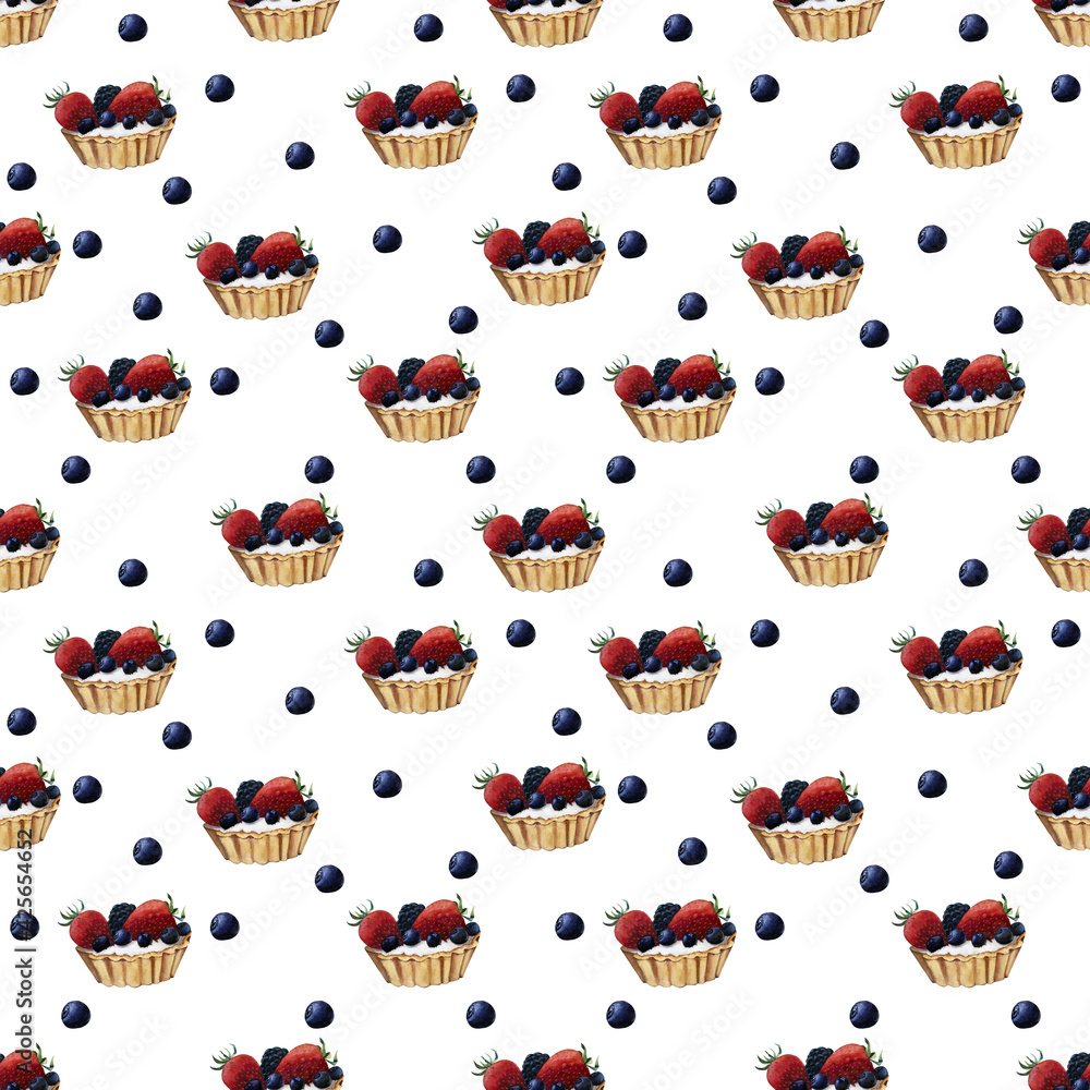 Rustic pattern with tart, leaves and berries of strawberries, blackberries and doves. Watercolor illustration juicy appetizing background. Natural texture in vintage style for menu, fabric, wrapping Rustic pattern with tart, leaves and berries of strawberries, blackberries and doves. Watercolor illustration juicy appetizing background. Natural texture in vintage style for menu, fabric, wrapping