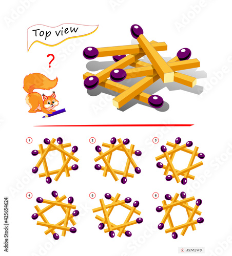 Logic puzzle game for children and adults. 3D maze. Need to find correct top view of matchsticks. Printable page for brain teaser book. Developing spatial thinking skills. IQ test. Play online.