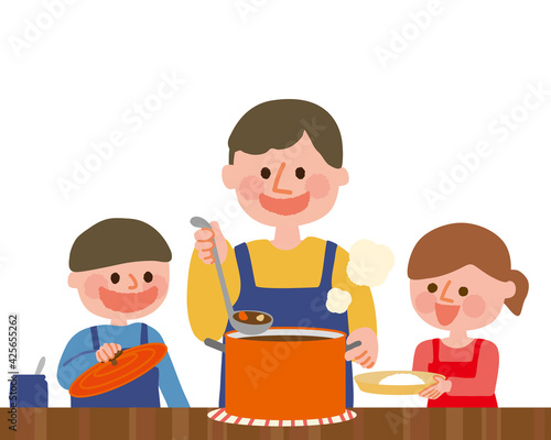 子供たちと料理するお父さん