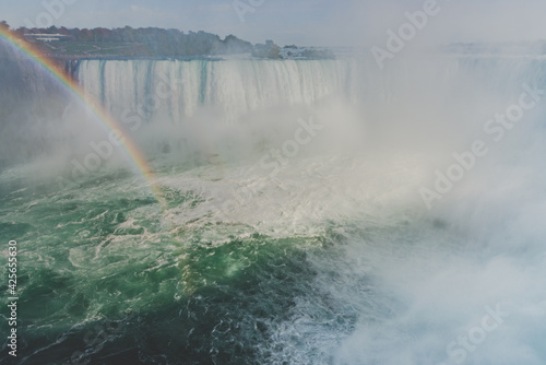 A part of Horseshoe Falls with a tall cloud of water splashes  rainbow  and several people walking on the embankment