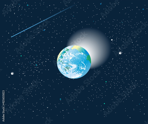 銀河が広がる宇宙空間の青い地球