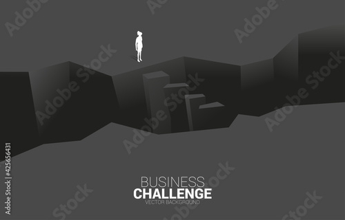 silhouette of businesswoman standing at valley. concept of business challenge and courage man