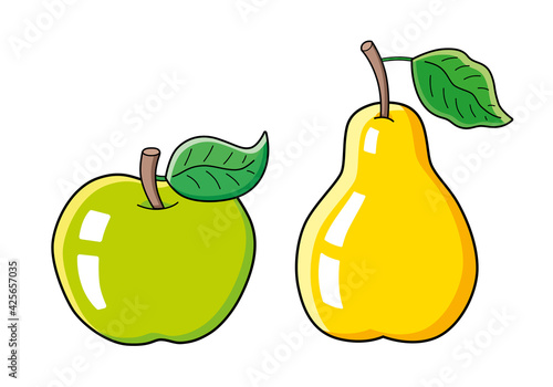 Green apple and yellow pear fruit isolated