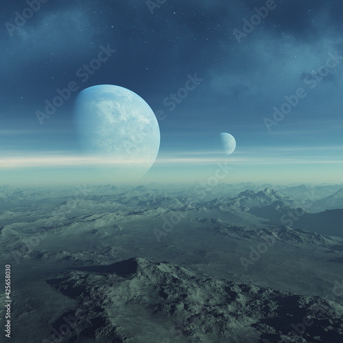 3d rendered Space Art  Alien Planet - A Fantasy Landscape with blue skies and stars