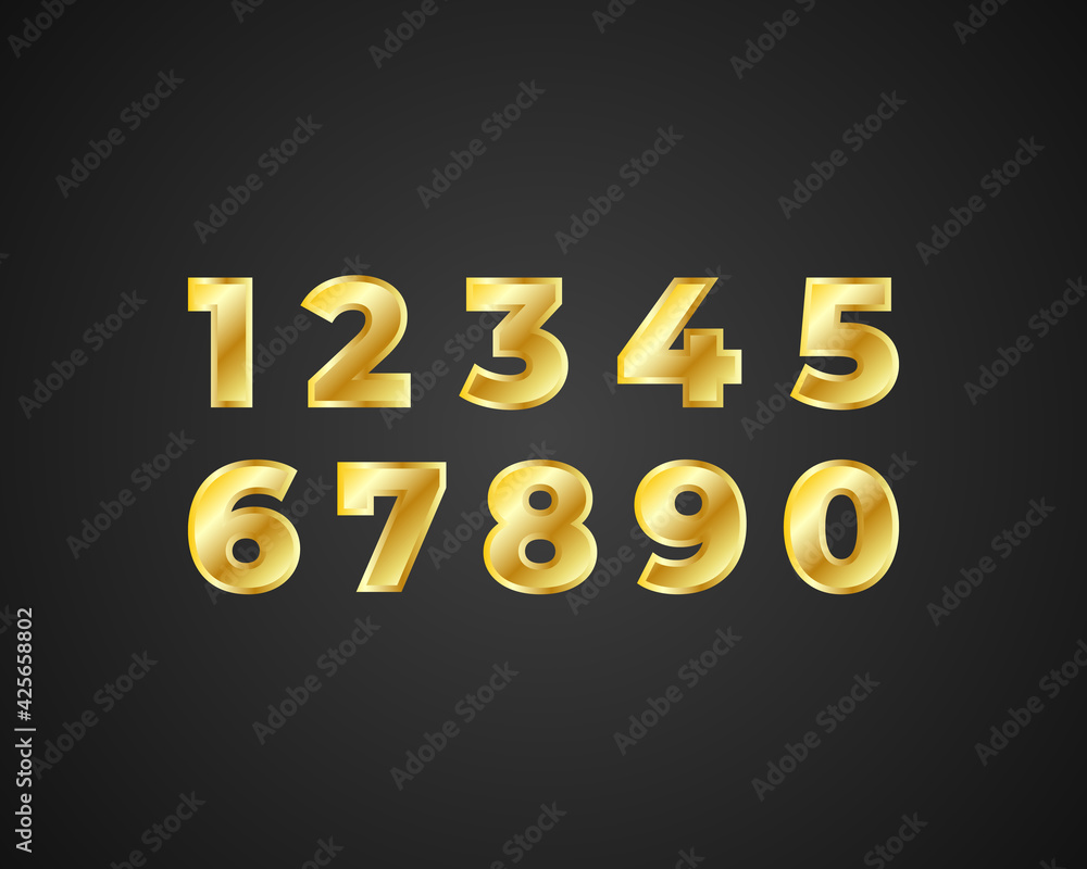 Golden shiny metal numbers set, gold font signs isolated on black background. Luxury fashion typography design for decoration, web, design, advert. Vector illustration Golden shiny metal numbers set, gold font signs isolated on black background. Luxury fashion typography design for decoration, web, design, advert. Vector illustration