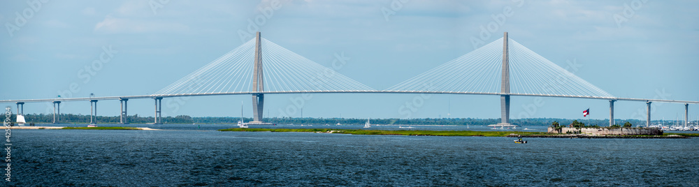 A panorama of the Arthur Ravenel Jr. Bridge that crosses the Cooper River from Charleston to Mount Pleasant, South Carolina