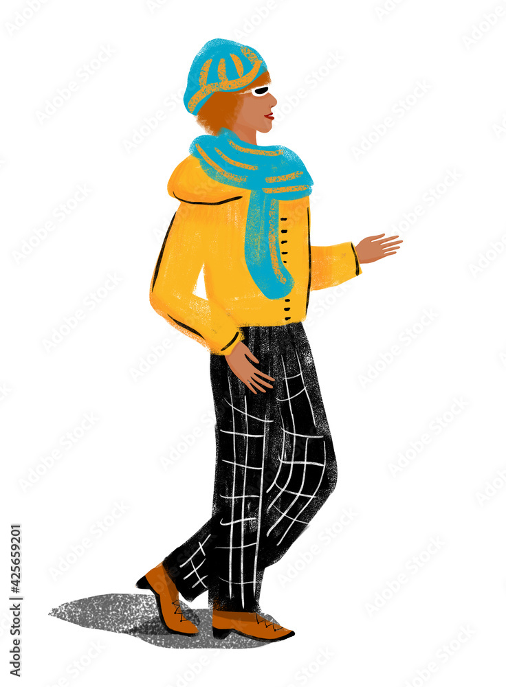 Red hair girl wearing yellow jacket, blue hat und scarf, black trousers, brown shoes, sun glasses, standing with her arm stretched. Bright modern fashion young woman character illustration Red hair girl wearing yellow jacket, blue hat und scarf, black trousers, brown shoes, sun glasses, standing with her arm stretched. Bright modern fashion young woman character illustration