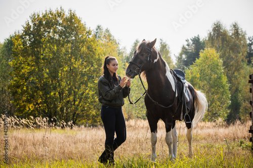 A young horse and its rider a girl walk through a field by a hedge on an autumn day together