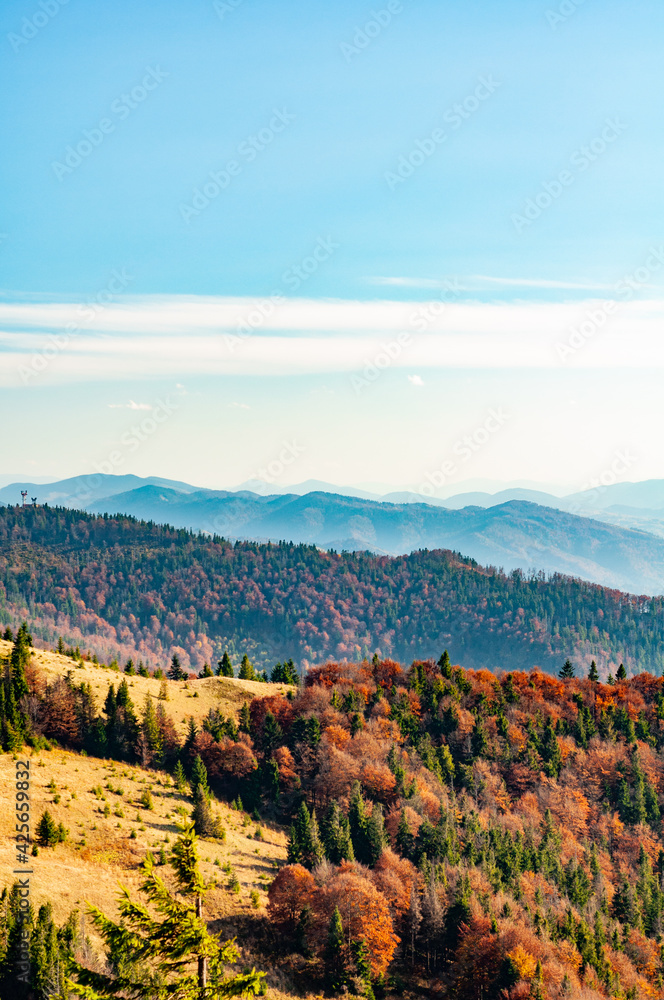 Bright blue sky with white clouds, warm autumn day October, blue haze on horizon. Nature Carpathians, Ukraine mountain wilderness