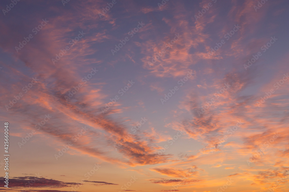 Dramatic sunrise, sunset pink orange violet blue sky with cirrus clouds in sunlight abstract background texture	
