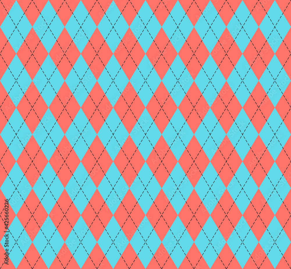 Easter Argyle plaid. Scottish pattern in red and blue rhombuses. Scottish cage. Traditional Scottish background of diamonds. Seamless fabric texture. Vector illustration Easter Argyle plaid. Scottish pattern in red and blue rhombuses. Scottish cage. Traditional Scottish background of diamonds. Seamless fabric texture. Vector illustration