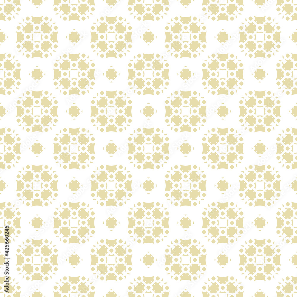 Vector geometric floral ornament. Elegant ornamental seamless pattern with small flower silhouettes, grid, lattice. Vintage background texture. White and gold color. Repeat design for decor, textile