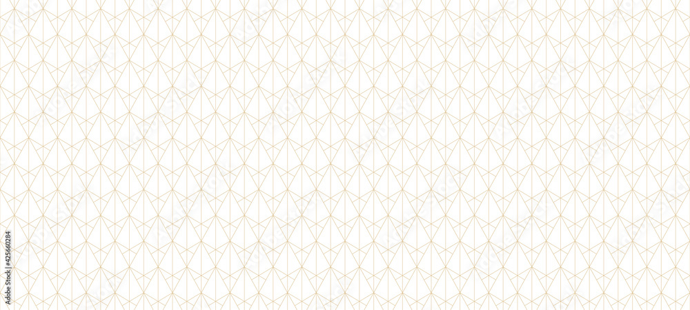 Golden lines pattern. Vector geometric seamless texture with subtle grid, thin lines, triangles, diamonds, rhombuses. Abstract luxury white and gold background. Art deco ornament. Modern repeat design