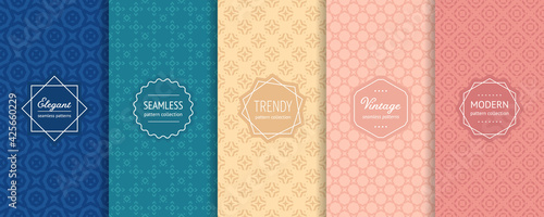 Vector seamless patterns set. Collection of colorful background swatches with elegant minimal labels. Cute abstract geometric floral textures. Subtle modern design. Blue, turquoise, yellow, pink color