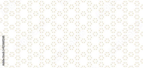 Subtle minimalist geometric floral pattern. Golden abstract seamless texture with small flower shapes, triangles. Minimal gold and white background. Modern luxury ornament. Repeat decorative design