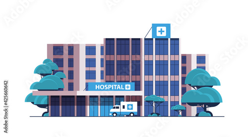 hospital building and ambulance car medical center concept modern clinic exterior