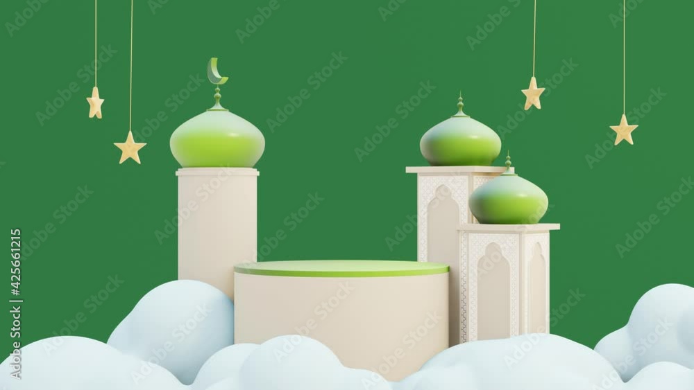 Islamic podium display with mosque decorations on the clouds Islamic podium display with mosque decorations on the clouds