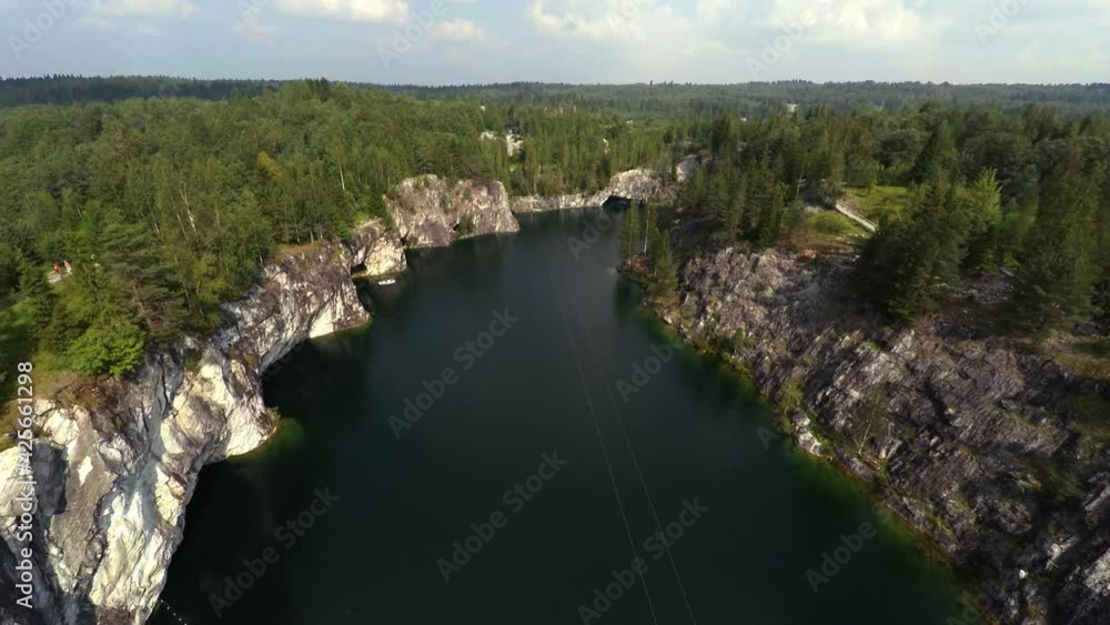 Aerial view. Flying over the Marble Canyon. Ruskeala. Karelia. 4K. Aerial view. Flying over the Marble Canyon. Ruskeala. Karelia. 4K.