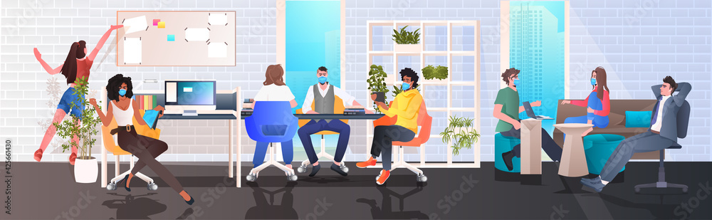mix race businesspeople in masks working in modern office teamwork coronavirus quarantine concept mix race businesspeople in masks working in modern office teamwork coronavirus quarantine concept