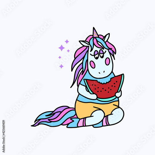 Color image of a funny cartoon unicorn with a watermelon. Isolated on a white background. Fantastic animal. For textiles  kids party design  prints  posters  stickers  tattoos  etc.Vector