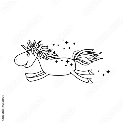 Black and white outline image of a funny cartoon unicorn. Isolated on a white background. Fantastic animal. For textiles  kids party design  kids room  prints  posters  stickers  tattoos  etc. Vector.