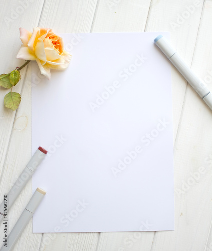 Mockup for A4 paper with single rose and drawing material